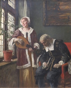 interior scene with figures by a window, a woman playing a mandolin for an elderly gentleman by eduard (karl-franz) von gebhardt