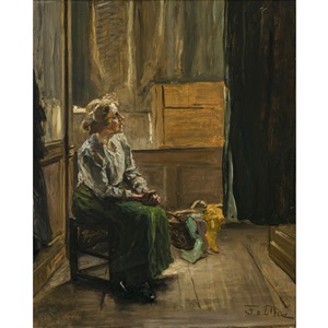 interior with seated young woman by fritz von uhde