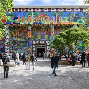 Visitors enter into the main pavilion at the Giardini during the 60th Biennale Art 2024 on April 18, 2024 in Venice, Italy. Photo by Simone Padovani/Getty Images.