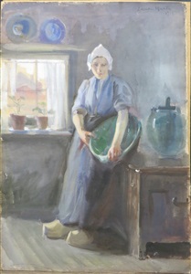 a dutch influenced interior scene with a standing woman resting by a window by laura adeline muntz