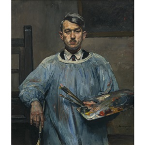 self-portrait in painters smock, leaning on an easel by thomas baumgartner